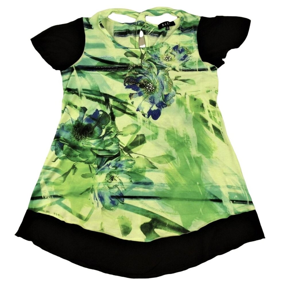 Womens Green Print Top Black Trim Multi-colored Beads T-Back size Large    JH101